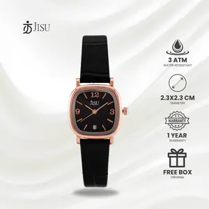 Jisu Watch - Jam Tangan Analog Wanita Anti Air Segi Fashion Korea 13010 Kulit Hitam Rosegold