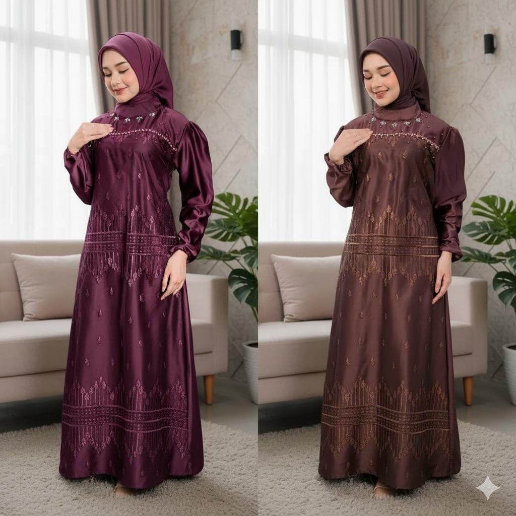 Manda Dress Baju Lebaran 2026 Brokat Satin Silk Premium Payet Mutiara Maxi Gamis Muslim Wanita Dewasa Gaun Pesta Kondangan Bridesmaid Mewah Simple Elegan Terbaru Model Kekinian