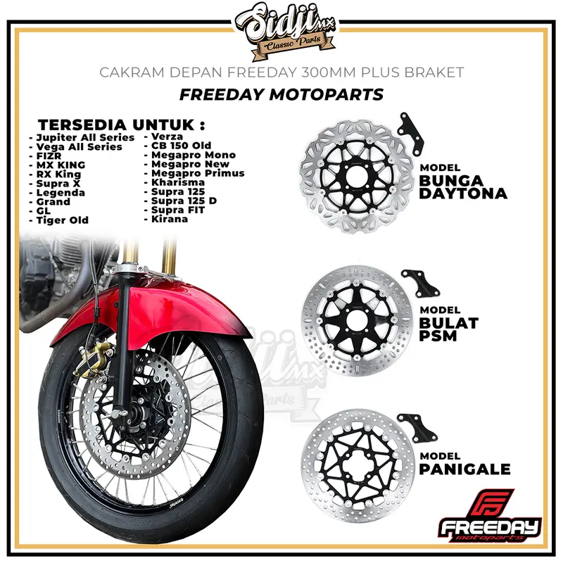 Piringan Cakram Depan Model Bulat Bunga Panigale FREEDAY 300mm Plus Braket Jupiter Z FIZR F1Z R Vega ZR R Jupiter MX King Rx King Supra Grand GL Megapro Tiger Verza Kharisma CB 150 Old 0