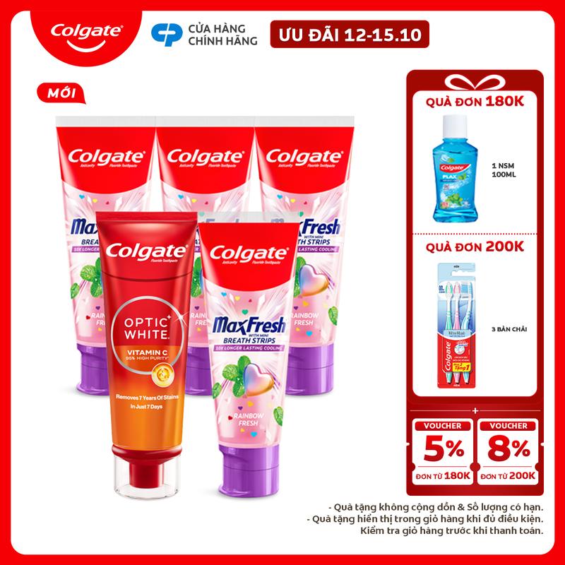 [Ưu đãi 12-15.10] Kem đánh răng Colgate trắng răng Optic White Vitamin C độ tinh khiết cao, loại bỏ vết ố cứng đầu lâu năm trong 7 ngày 80g/ tuýp & Kem đánh răng Colgate MaxFresh 100g/ tuýp