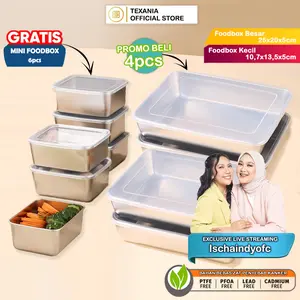 [EXCLUSIVE ISCHAINDYOFC] TEXANIA Food Box 25cm Isi 4pcs FREE Foodbox 13cm 6pcs - Food Container - Tempat Menyimpan Makanan dan Sayuran dan Buah Stainless - Wadah - Nampan Kitchenware