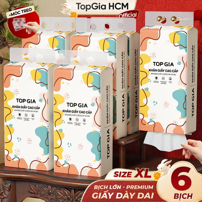 Thùng 6 Bịch Khăn Giấy Top Gia Treo Tường Rút Đáy Đa Sắc 1280 Tờ 4 Lớp Chính Hã