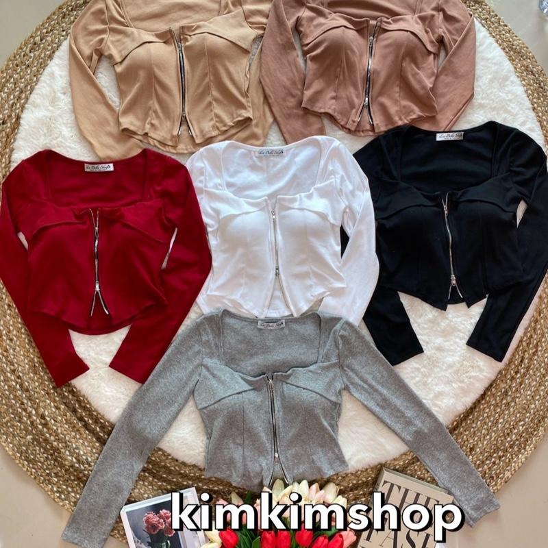 เสื้อครอปแขนยาวผ้ายูนิ คอเหลี่ยม งานซิปเสริมฟองน้ำ(ซิปรูดได้ทั้งบนและล่าง)  LB 30