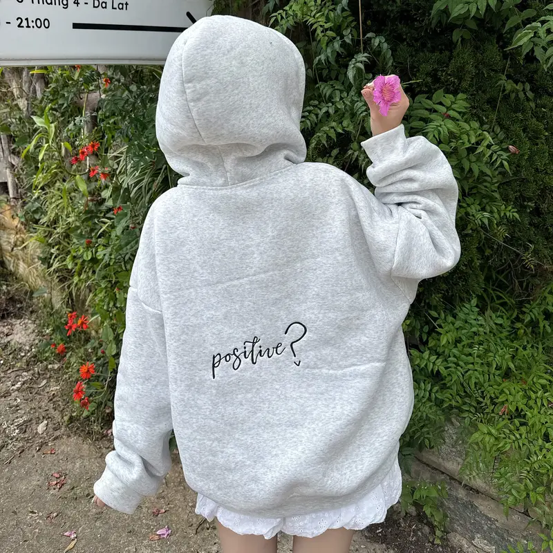 HOODIE ZIP form BOXY THÊU NỔI " Stay Positive " khoá kéo 2 chiều Nỉ Bông Unisex Nam Nữ Tay Phồng - HDB06 2
