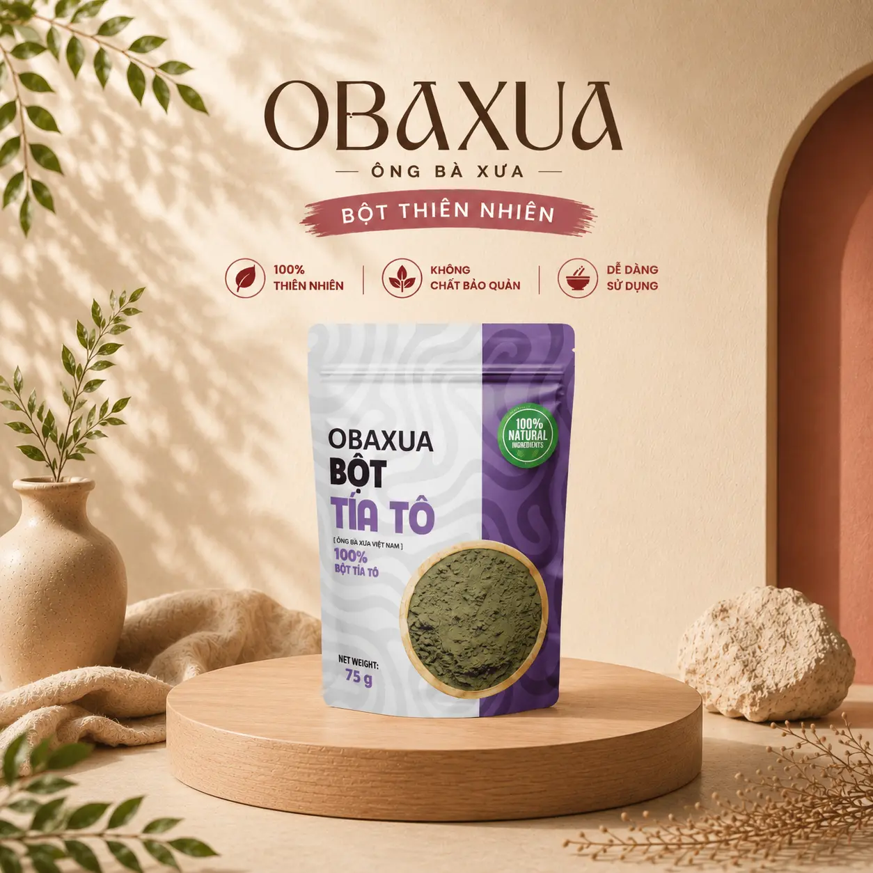 OBAXUA – Bột Lá Tía Tô Thiên Nhiên 75g | Ông Bà Xưa Dùng Theo Mẹo Dân Gian