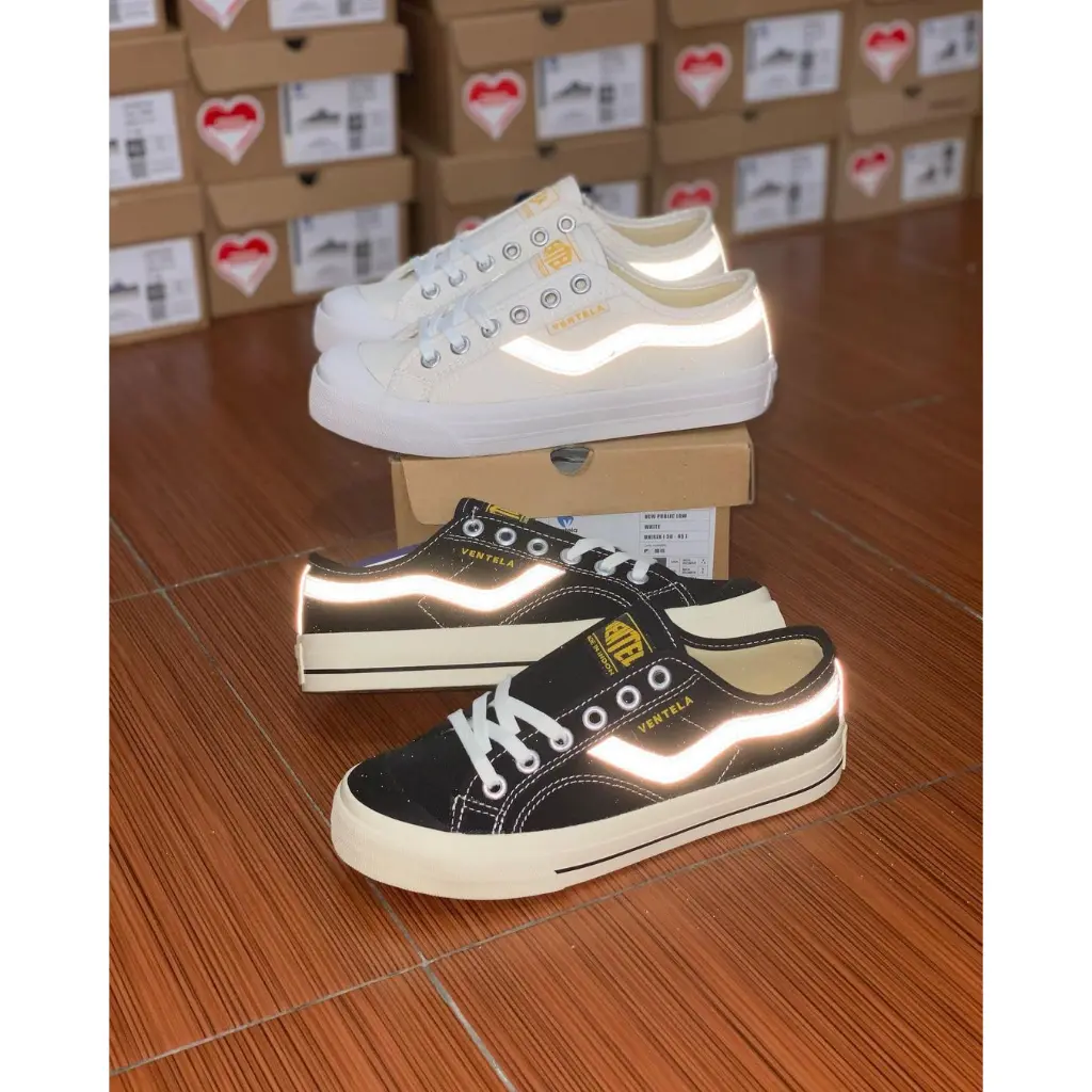 Sepatu Ventela New Public Low Black and White Original Bisa Menyala Dalam Gelap Sneakers Casual Shoes Pria wanita