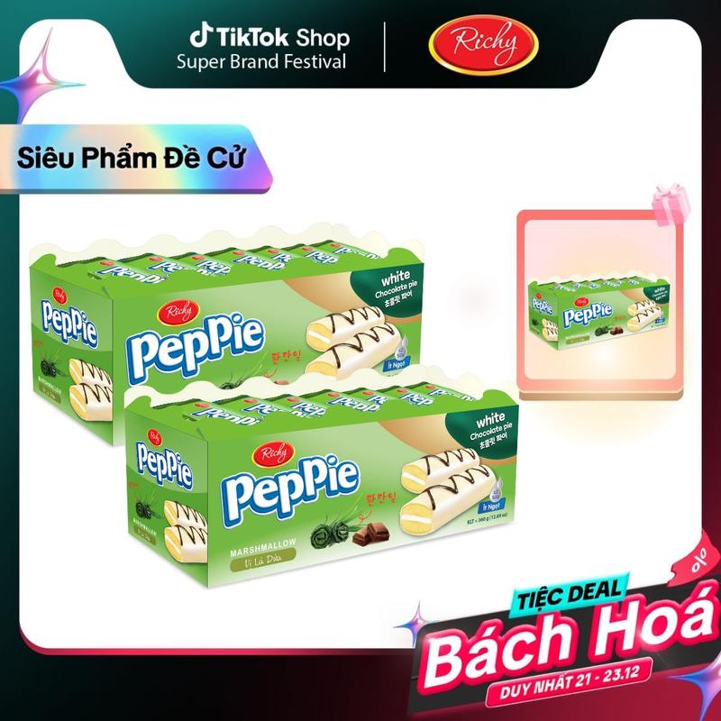   MUA 2 TẶNG 1  Peppie Richy Bánh Peppie Richy khay 360g vị Lá Dứa bánh bông lan nhân kem Snack Ăn Vặt Food hộp màu xanh 