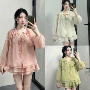 KangStudio - [M131]Set tơ xốp dài tay quần giả váy 2 lớp,đính hoa đá,cổ dây buộc nơ,cúc ngọc