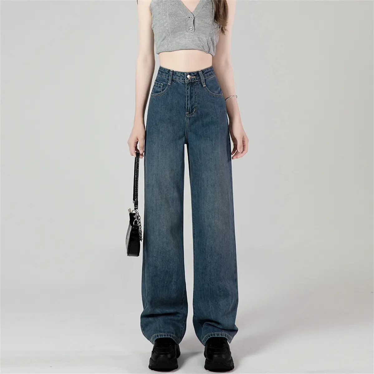 Biru Retro Highwaist Kulot Celana Jeans Wanita Loose Kekinian