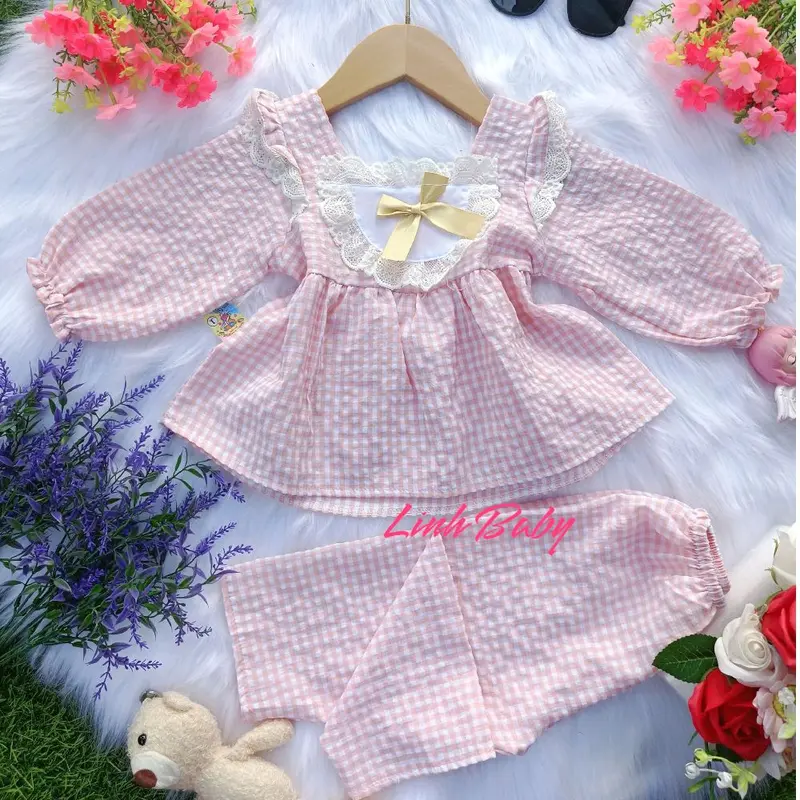 8_13ký) bộ đồ dài, áo tay dài cổ vuông đính nơ,quần dài chất vải đũi cho bé gái dưới 4tuổi 3