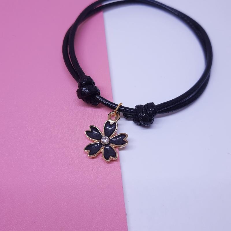 Gelang Couple Aesthetic Korea Pasangan Bestie Pacar Persahabatan Tali Korea Hitam Simple Lucu Murah Liontin Bunga Sakura 2