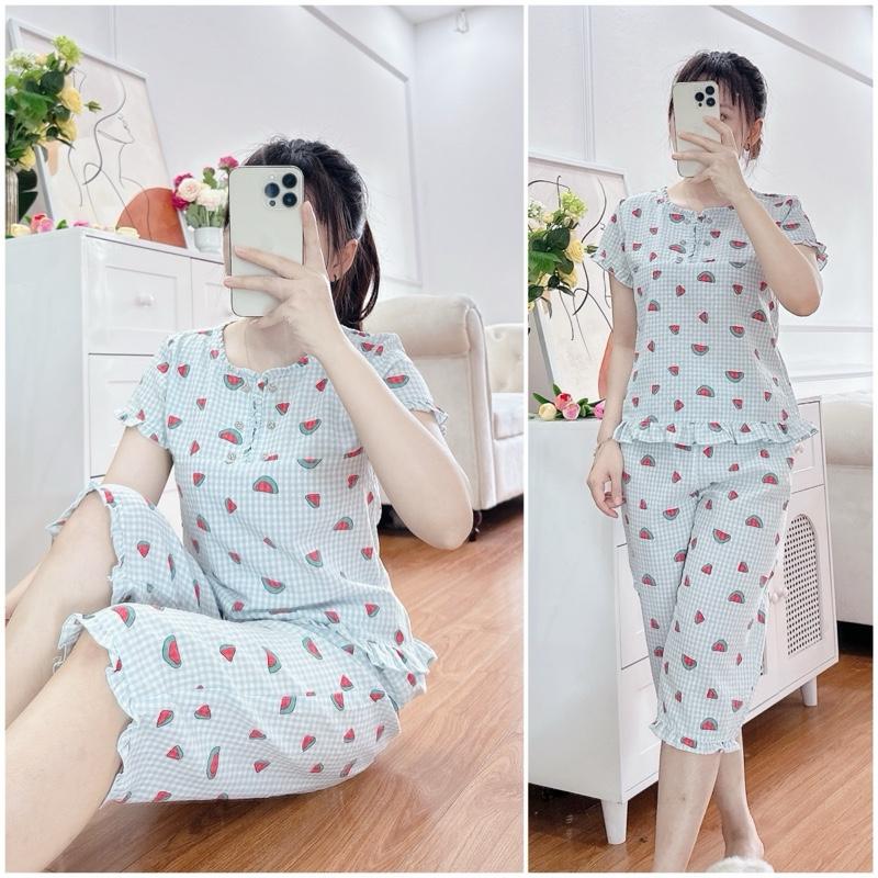 (Châu)Bộ lửng kẻ dưa hấu cổ nhún bèo 6 khuy trang trí