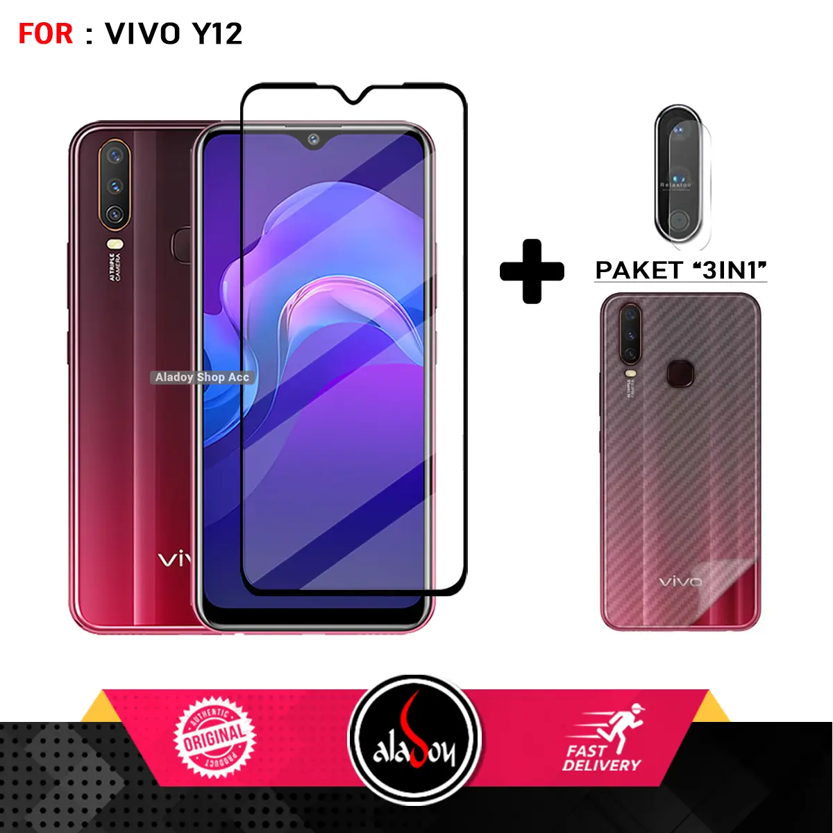 Paket 3in1 Tempered Glass For Vivo Y15 / Y12 / Y17 Anti Static Free Tempered Glass Camera dan Skin Carbon