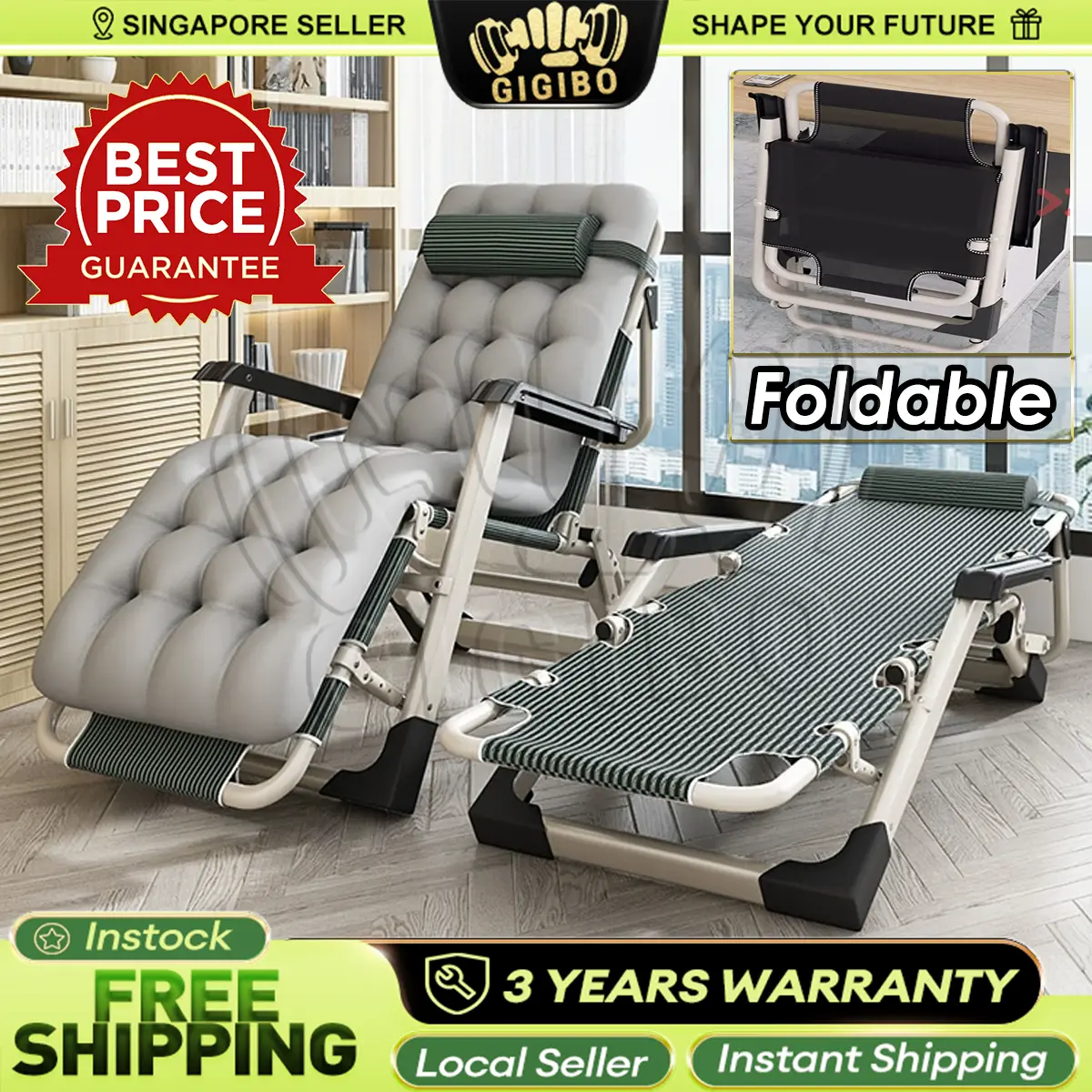 [SG INSTOCK]Folding Bed Premium Foldable Lazy Chair Folding Lazy Couch With Cotton Pad Cooling Lazy Sofa Balcony Mattress With Pillow  Multiple Position For Lounge Travel Camping Heavy Duty Office Bedroom Armchair