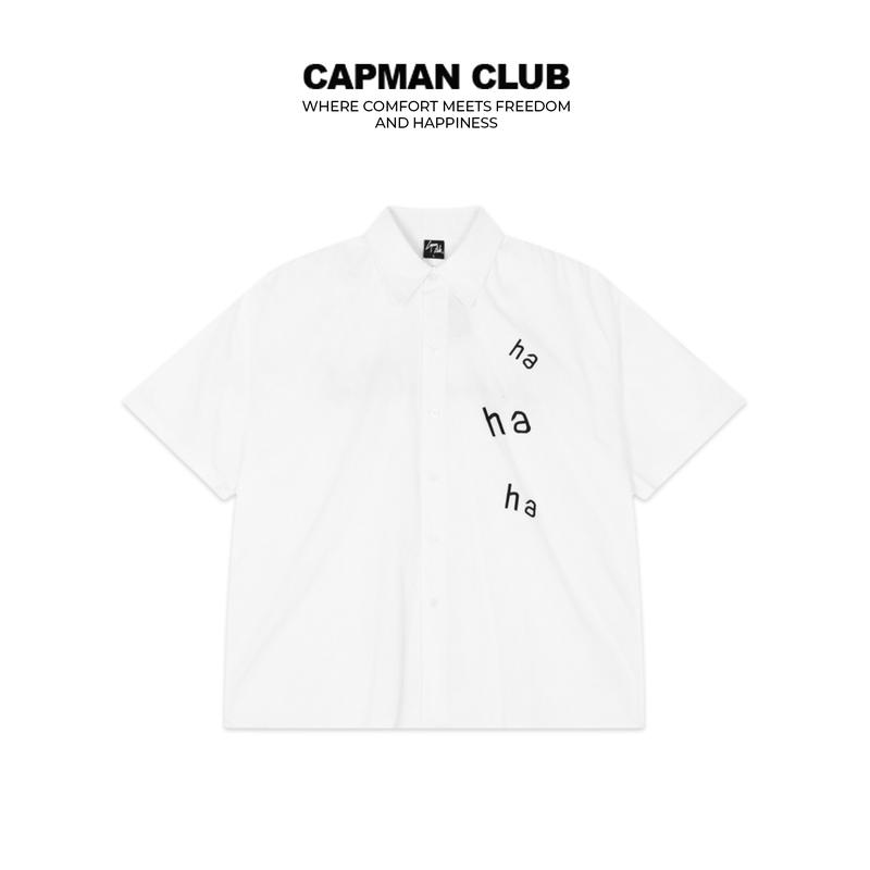 Áo sơ mi nam boxy tay ngắn VOUX màu trắng CAPMAN CLUB, phom rộng trẻ trung thoải mái