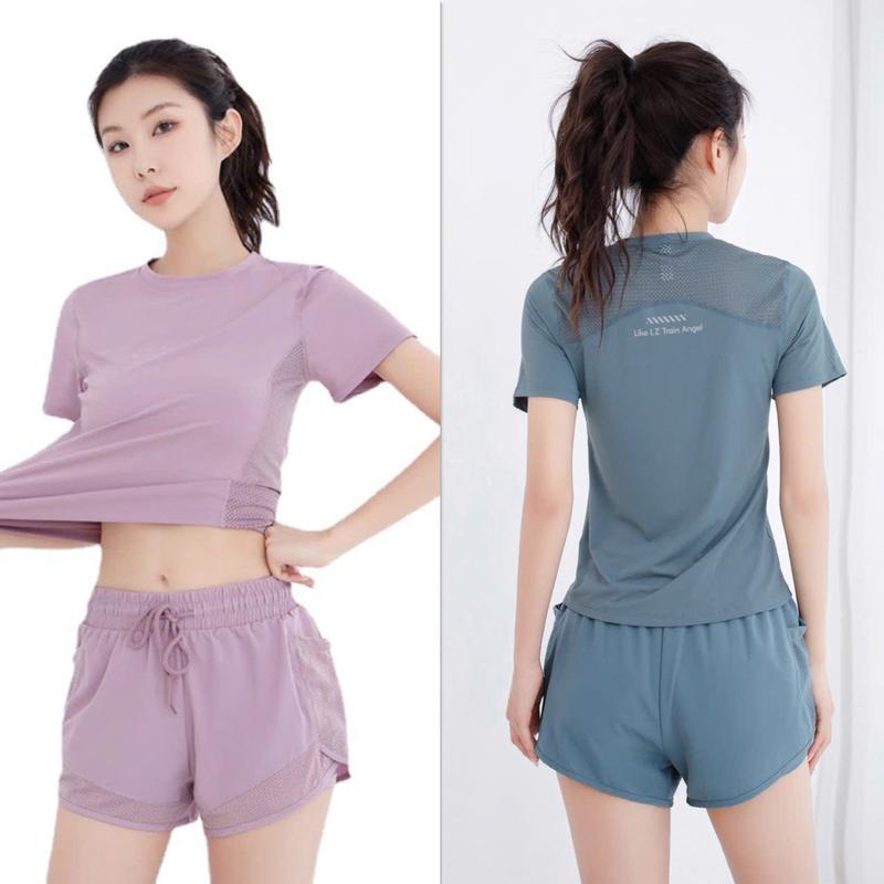 Bộ Đùi 2 Lớp Tập Gym, Chạy Bộ, Đạp Xe, Bóng Chuyền, Cầu Lông, Pickleball, Aerobic Nữ Áo Cộc Tay Phối Lưới Kết Hợp Quần Đùi 2 Lớp Thun Lạnh Co Giãn 4 Chiều Ng06/Ng07