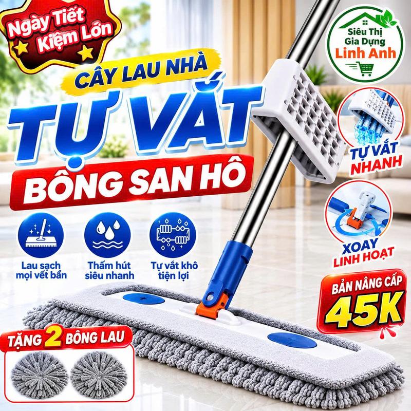 1 CHỔI+ 2 BÔNG LAU Nhà San Hô 45x12CM Xoay 360 Độ Lau Siêu Sạch, Chổi Lau Nhà Công Nghiệp Lớn!