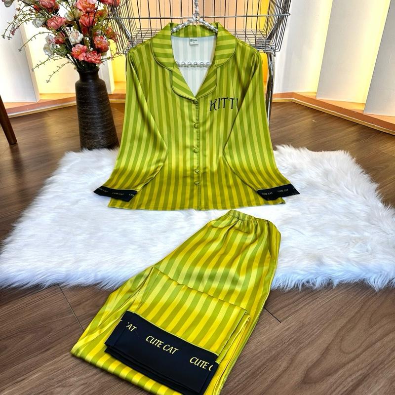  LỤA LATIN SPK K89   45-85kg -PIJAMA Lụa Latin thiết kế sọc xanh phối nền xanh bơ nhạt  Women Quần Ngủ Nữ Nhung Nho Voi 