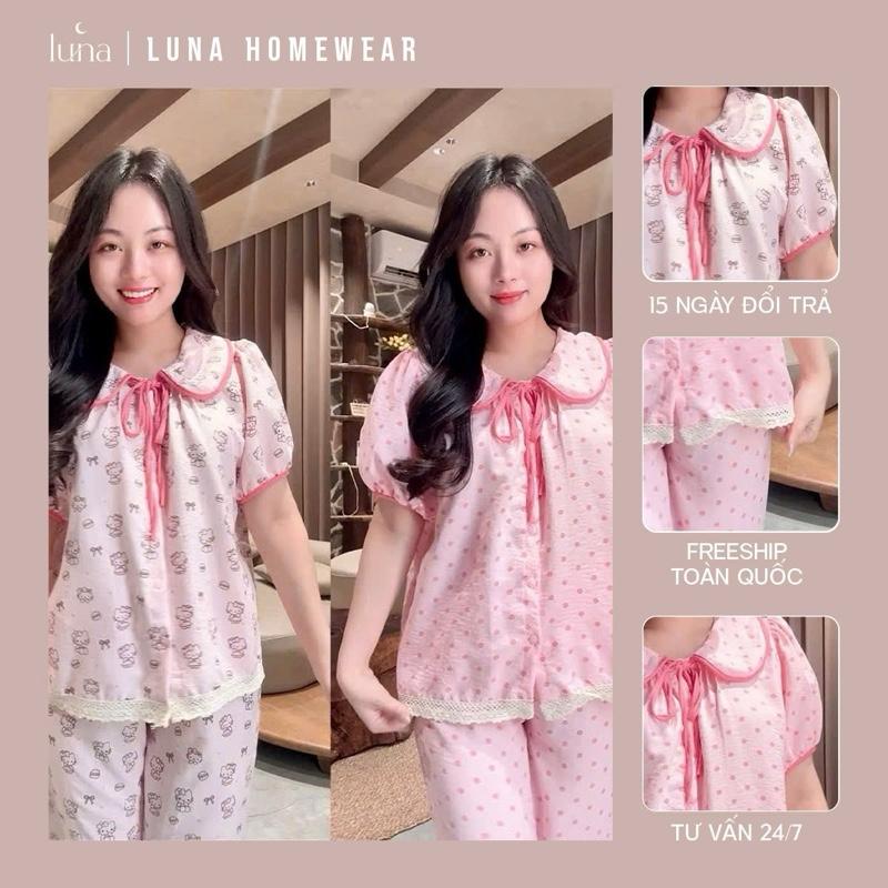 XẢ KHO Bộ ngủ nữ LUNA cổ sen phối nơ ren mềm chất bông mây mềm mại êm ái thấm hút mồ hôi nhiều hoạ tiết màu sắc B030