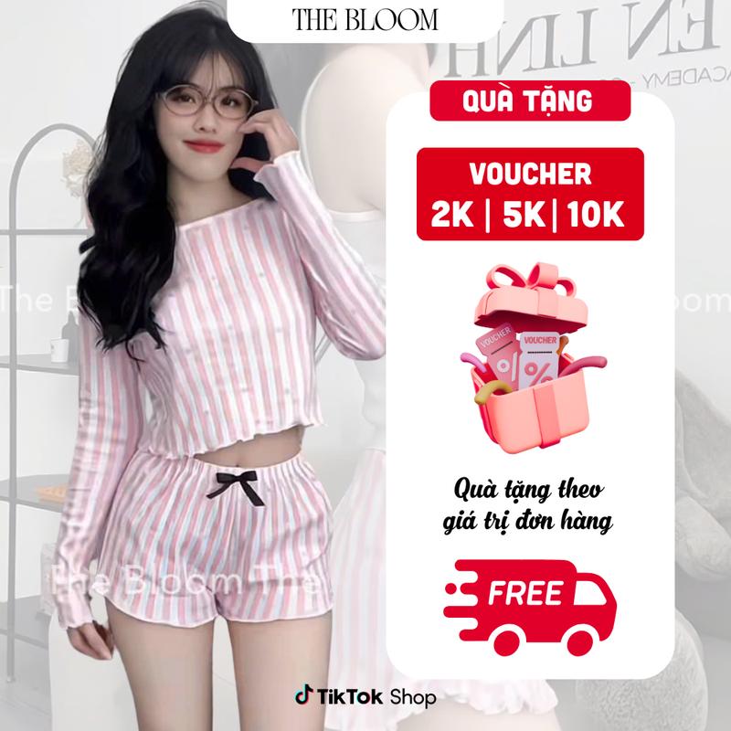 THE BLOOM Set bộ đồ ngủ sọc trắng hồng áo tay dài kèm quần short phối nơ ống xòe, set ngủ tiểu thư chất cotton Loungewear - SE015 Nữ Nhung Women Top Kem Ong
