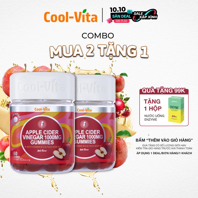 [A] Combo 2 Hộp Kẹo Dẻo Giấm Táo Hỗ Trợ Tiêu Hóa, Hỗ Trợ Tăng Cường Miễn Dịch, Bổ sung Vitamin B12 Coolvita (60 viên x 3g)/hộp