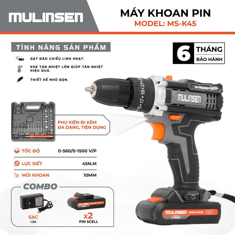 MÁY KHOAN PIN MS-K45 lực siết 45N đầu kẹp 10 ly tốc dộ không tải 1500v/p bảo hành 6 tháng
