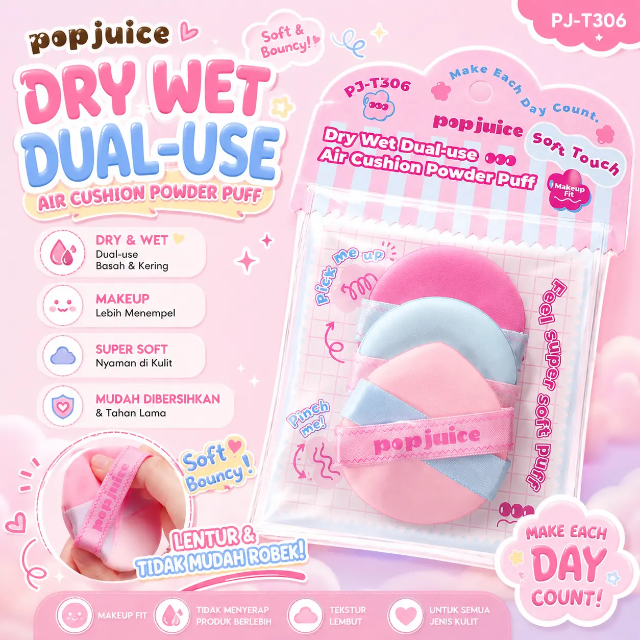 [3PCS]POPJUICE Dry&Wet Dual-use Air Cushion Powder Puff Soft Skin-friendly