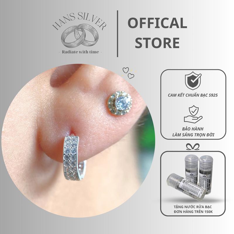 Khuyên tai hoa tai bạc S925 nam nữ tròn bấm hai hàng đá đính đá hai mặt trước sau lấp lánh chất liệu Hans Silver KTHA120122