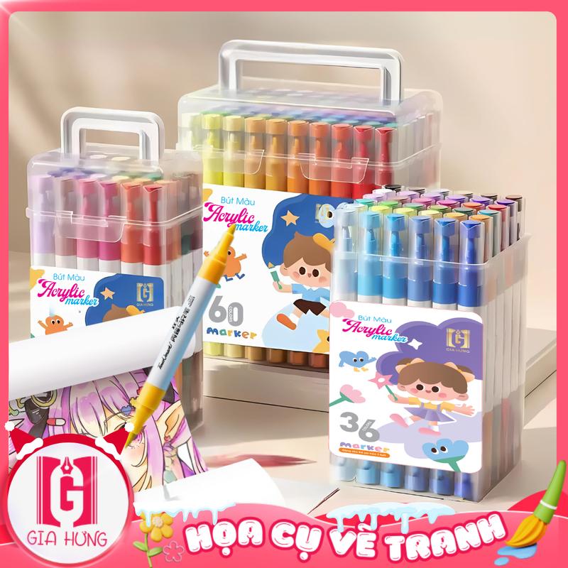 Bút Màu Acrylic Marker 2 Đầu Brush Và Đầu Tròn 12 24 36 48 60 80 Màu Vẽ Tươi Sáng Nhanh Khô Chống Thấm Nước DIY