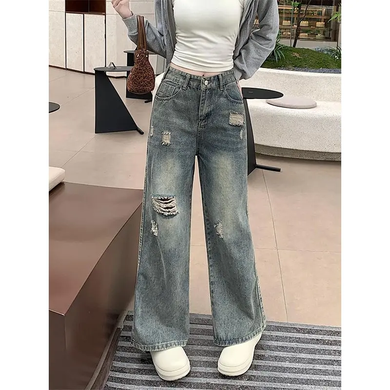 Celana jeans sobek highwaist wanita retro baggy jeans kulot