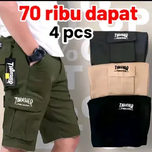 Celana Cargo Pendek Pria Dewasa pinggang Karet Santai Paket Hemat 4 Pcs Bahan Katun  Ukuran XL & L Panjang 54cm Shorts