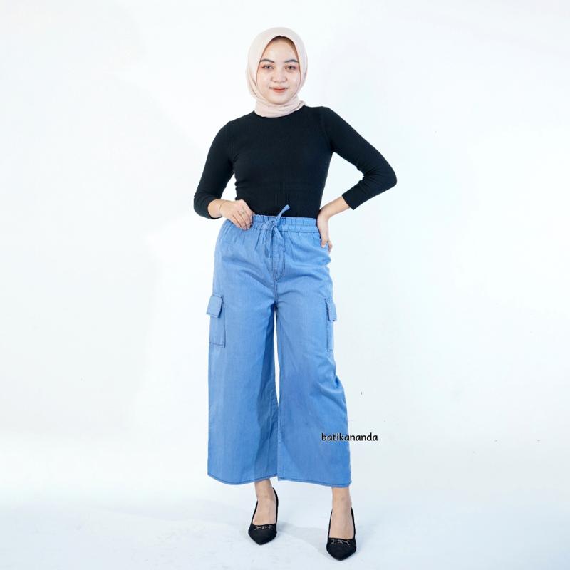 Celana Kulot Cargo Jeans // Celana Cargo wanita Jeans Panjang Harga Grosiran Hitam Karet Loose Cewek 5