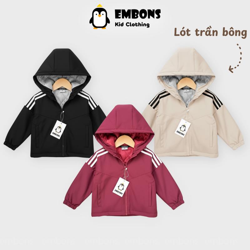 Áo khoác gió trần bông có mũ cho bé trai và bé gái từ 8-38kg vải gió tráng bạc chống nước cản gió EMBONS