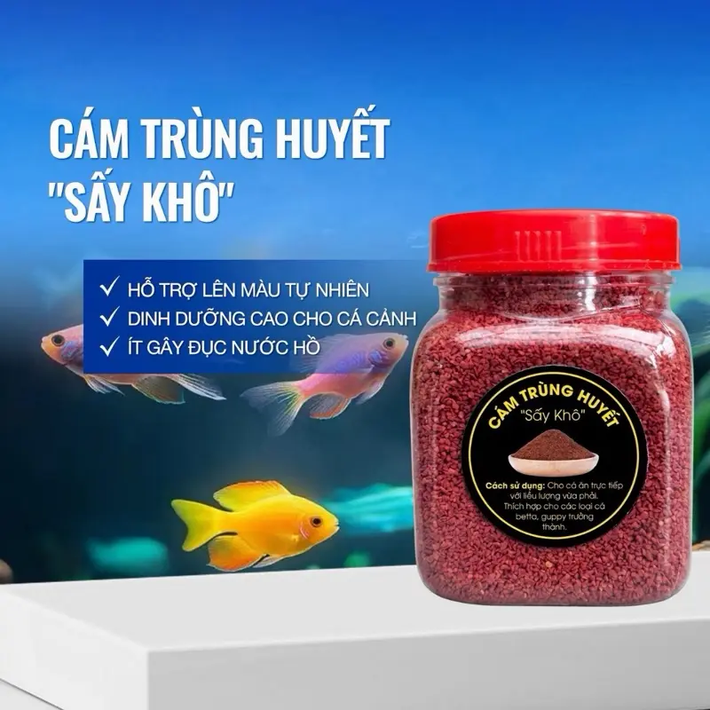 ￼Cám Trùng Huyết sấy khô size hạt 0.2mm giúp kích màu cho cá một cách tự nhiên, cá lên màu đẹp