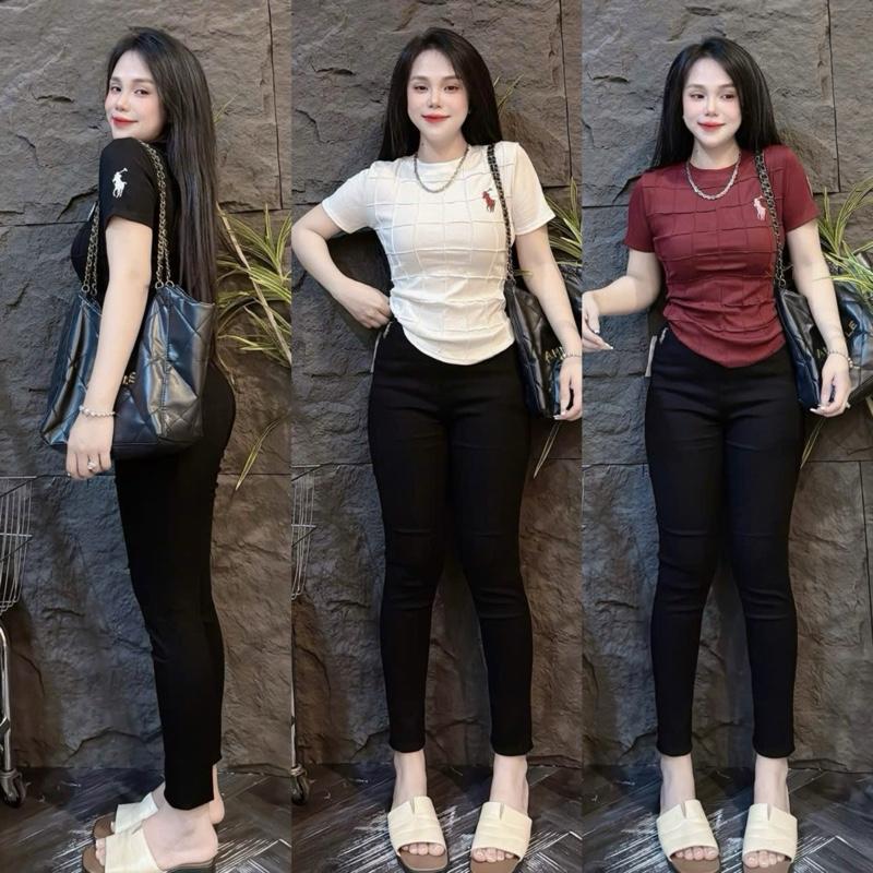 Có Size 38kg - 58kg Áo thun ôm nữ trơn form tôn dáng cổ tròn phối lưới trước thêu N.gựa Thêu N.gựa K19