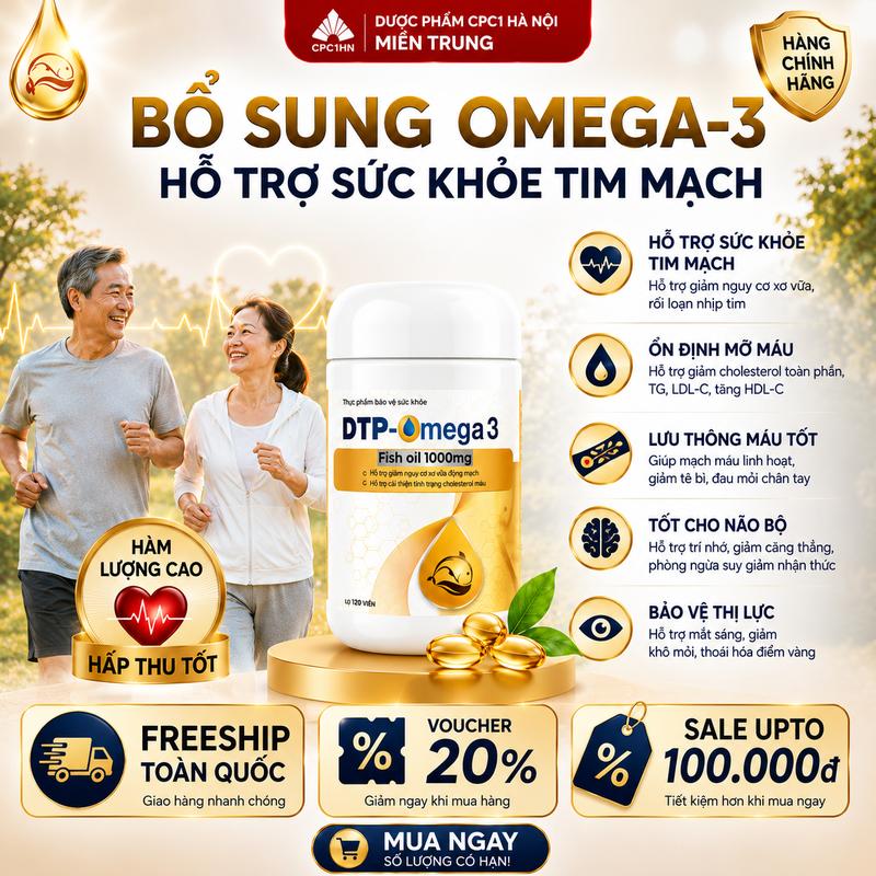 Viên Uống Dầu Cá Omega 3 - DTP 1000mg Giúp Hỗ Trợ Tim Mạch, Giảm Nguy Cơ Xơ Vữa, Mỡ Máu - 1 hộp 120 viên