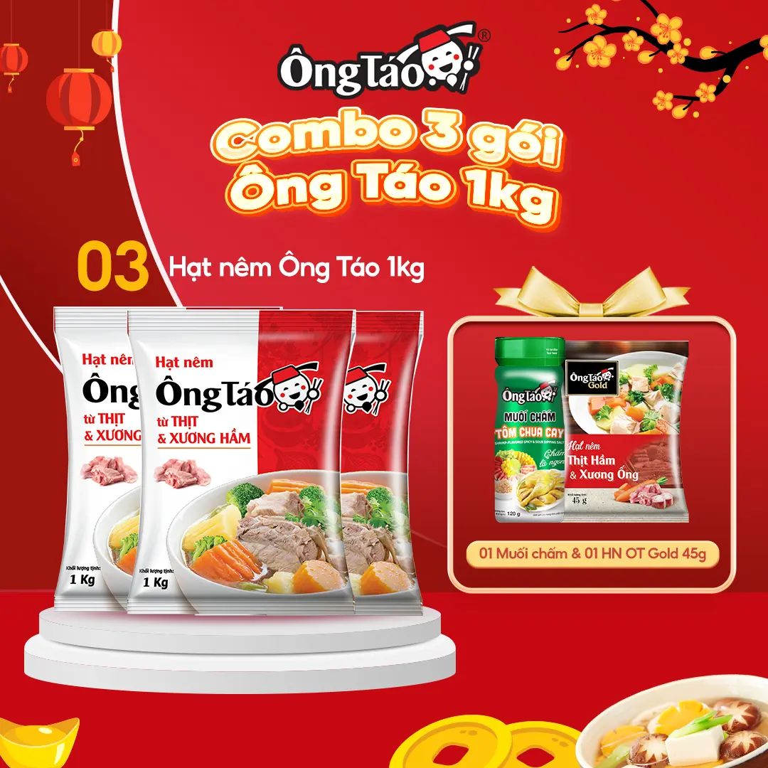 [Combo 3kg] - 3 gói Hạt Nêm Ông Táo 1kg + 1 Muối Chấm Ông Táo 120g + 1 gói Hạt Nêm Ông Táo 45g | Không chất bảo quản | Chiết xuất thịt thật | Đậm đà tự nhiên