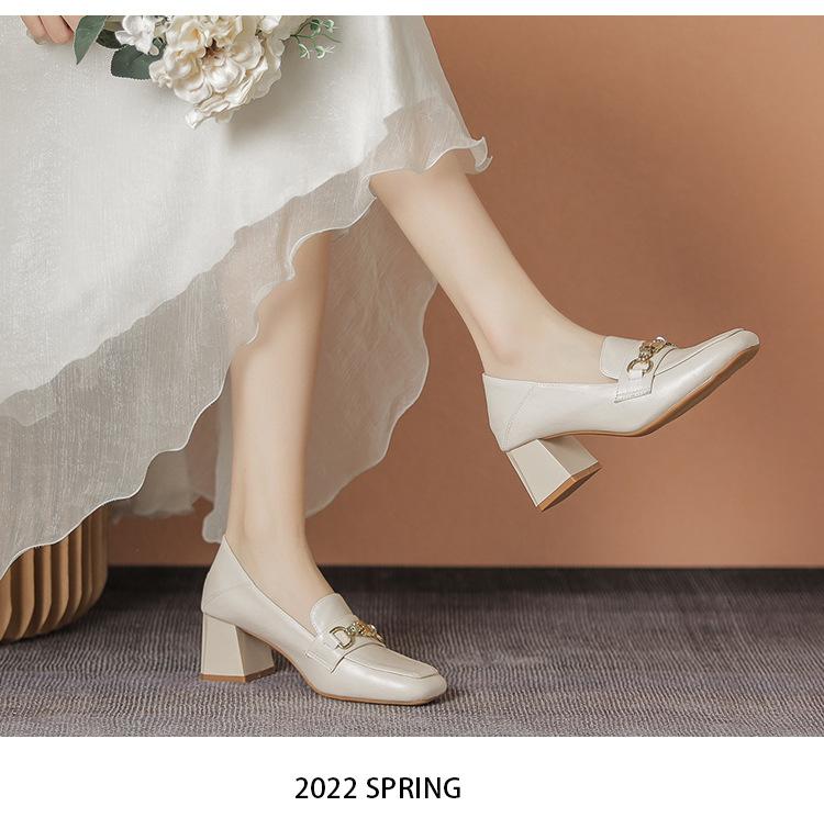 Product Introduction of Lefu shoes, white leather shoes, fashionable design, new high heels, square toe, thick heel shoes 13