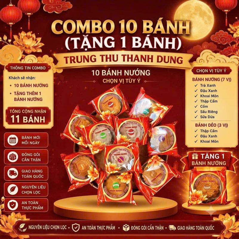 Combo 10 bánh bánh trung thu Thanh Dung mix vị 160g { Nhân : Trà xanh - Đậu