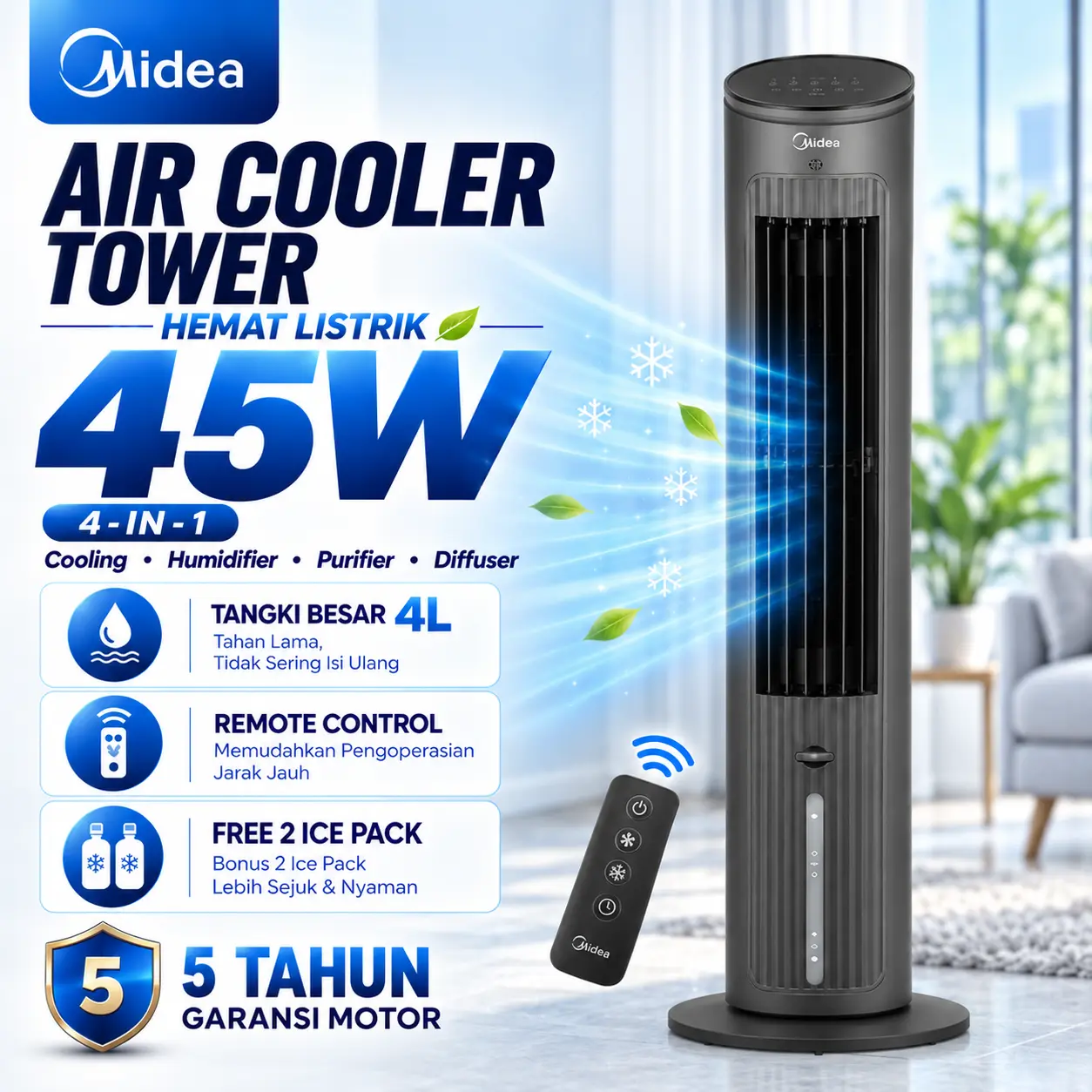 Air Cooler Tower 4 Liter Midea MAC400R0BPH/APW 65W - Remote Control, Timer Hingga 7 Jam, Low Watt