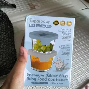 SugarBaby Premium Glass Jar Baby Food Container BPA FREE / Peralatan Makan Bayi MPASI / Wadah Mangkok Bayi Silicone Lid & Plastic Lid Rabbit & Round Glass Jar