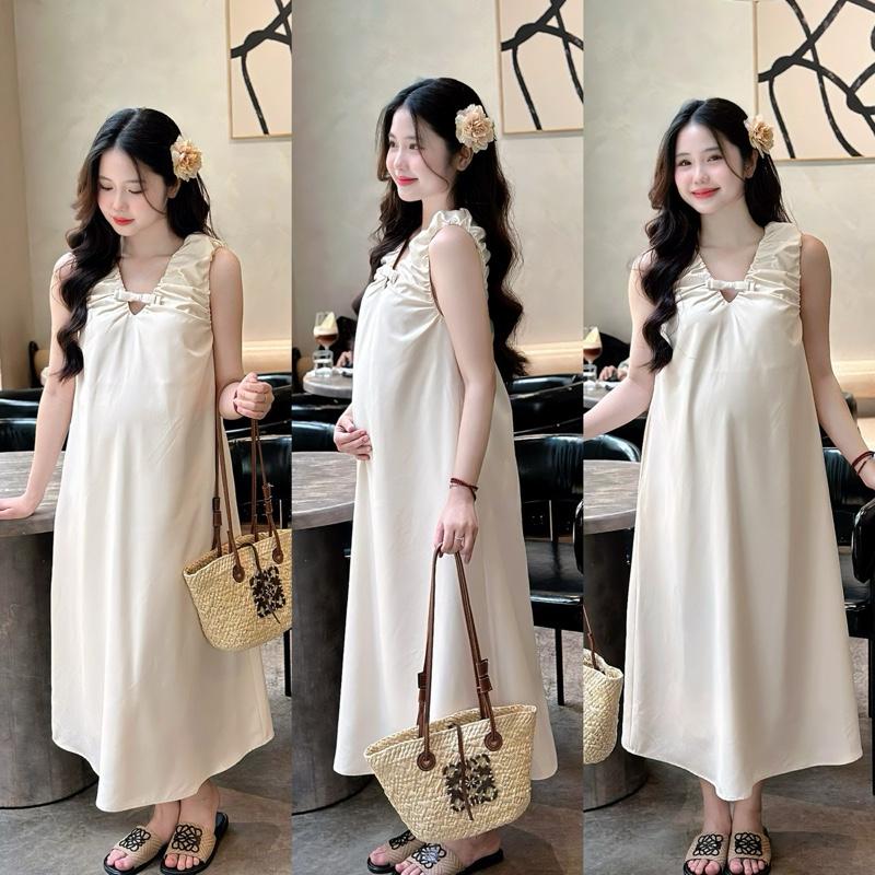  Đầm bầu Chie cổ V phối nơ vai phồng trẻ trung sang chảnh cho mẹ mang Tết đi chơi cafe tiệc tùng form suông gọn dáng 