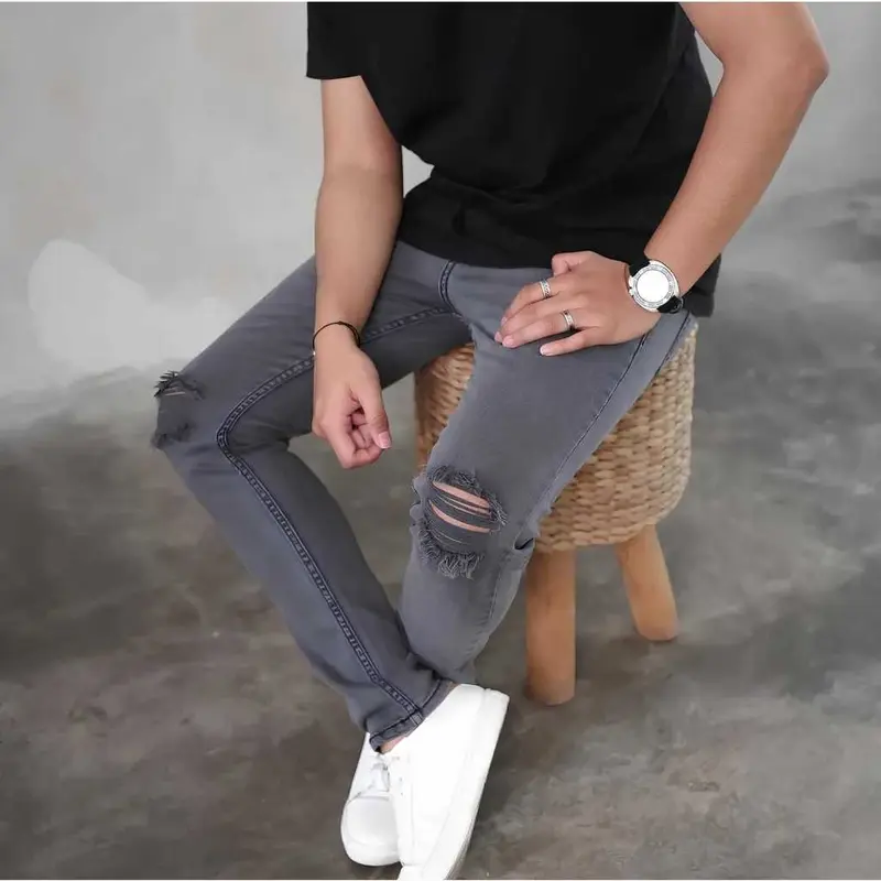 Celana Jeans sobek robek Ripped Abu pria model Slim fit premium 2