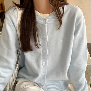 Women's Blue Ribbed Round Neck Long Sleeve Knit Cardigan, Fall Winter New Casual Loose Fit Jacket, Embroidered Top 8603# Womenswear Knitwear Basic Fitted Lan