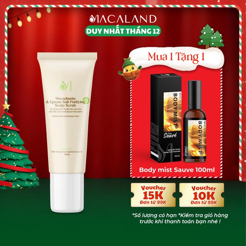 TẶNG BODY MIST 100ML TẨY TẾ BÀO CHẾT DA ĐẦU MẮC CA & MUỐI EPSOM 150G MACALAND LÀM SẠCH SÂU GIẢM GÀU NGỨA GIÚP TÓC CHẮC KHỎE