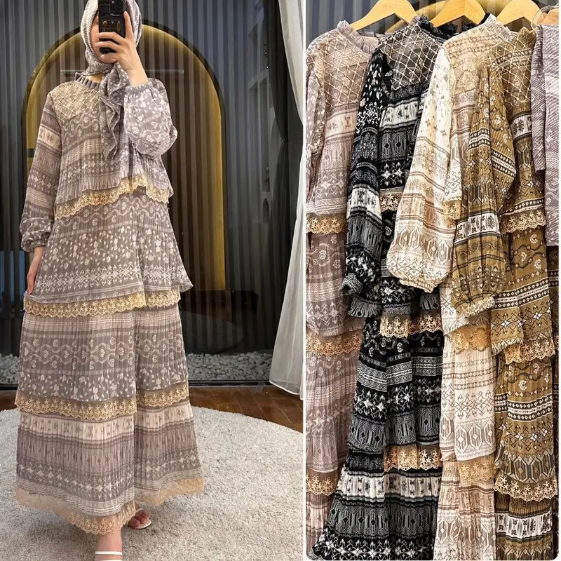 Gamis Motif Nusantara Azalea Set Hijab Gamis Ceruty Dress Plisket Susun Best Seller Baju Wanita 6