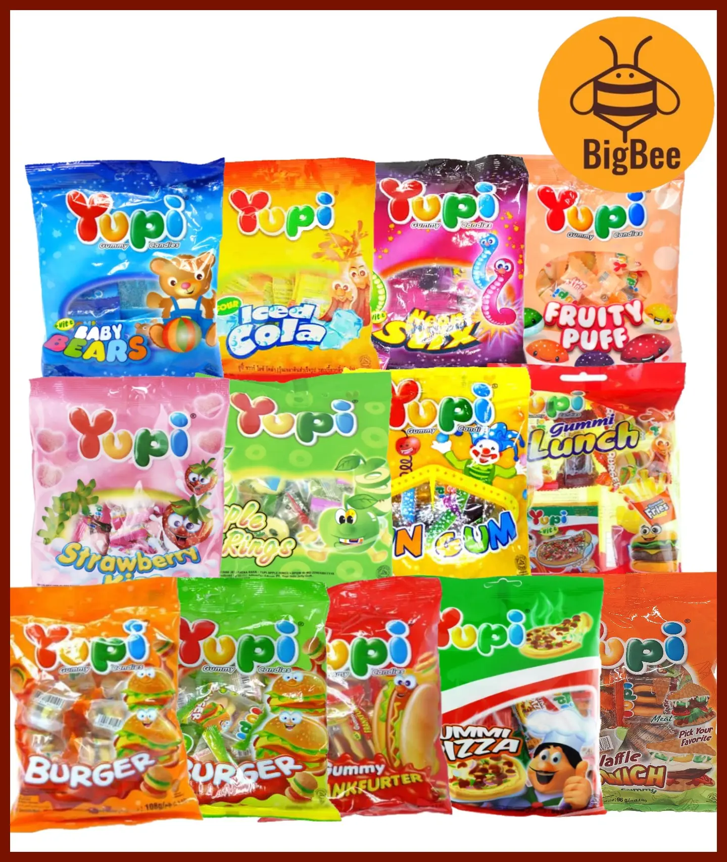 [Bundle 3pkt] Yupi Gummy - 65g - 120g Pizza / Baby Bear / Iced Cola / Neon Stix / Apple Ring / Strawberry Kiss / Fruity Puff / Burgers / Sour Burgers / Fun Gum / Gummy Lunch / Hot Dog / Frankfurter / Mango Kiss