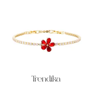 Trendika LIVE Gelang zirkon bunga ruby ​​glamor gelang indah wanita 3 warna perhiasan cocok untuk hadiah pacar B1052