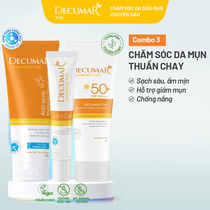  Bộ 3 toàn diện Decumar THC : Gel mụn THC Sữa rửa mặt THC Kem chống nắng THC  THC03 DSM02 THC01  