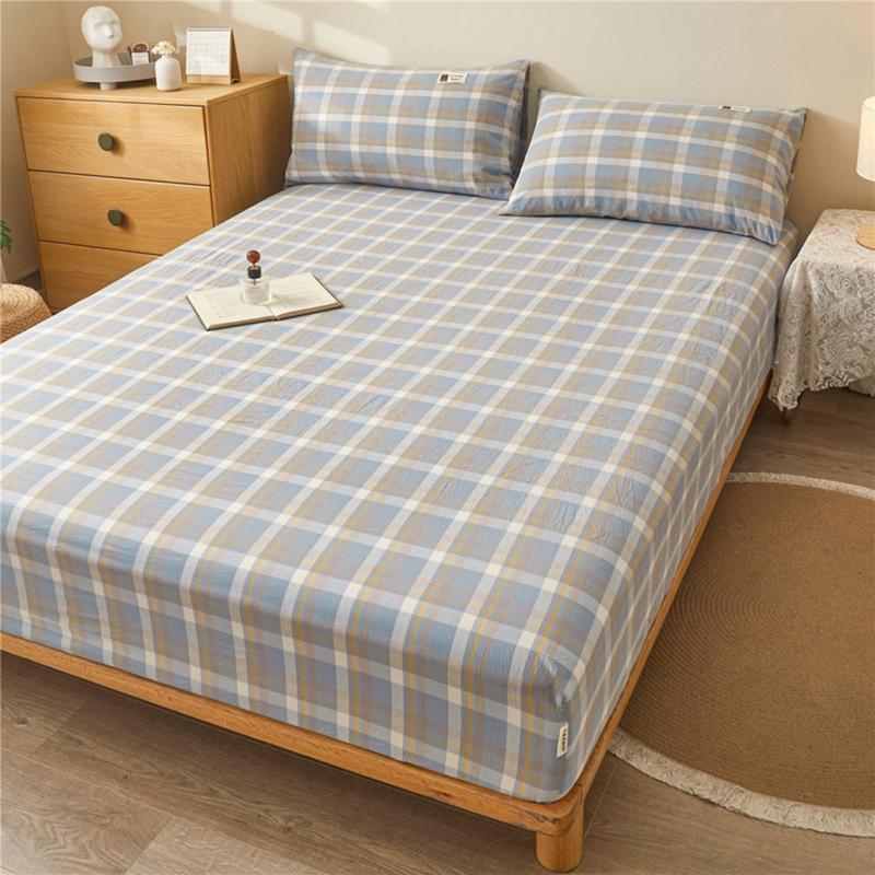 Product Introduction of Cotton Plaid Fitted Sheet Japanese Striped Plaid Cotton Non-Slip Bedspread Washed Cotton Student Fitted Sheet 3 In1 Mattress Cover Protective Cover 29